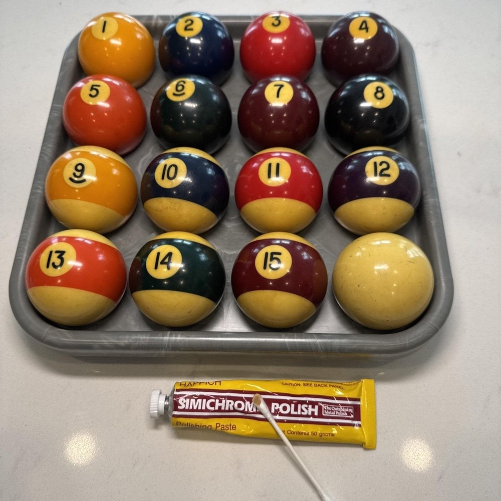 Vintage Billiard‎ Pool Ball Set 1-15 with Cue Ball and Marbled Storage Tray